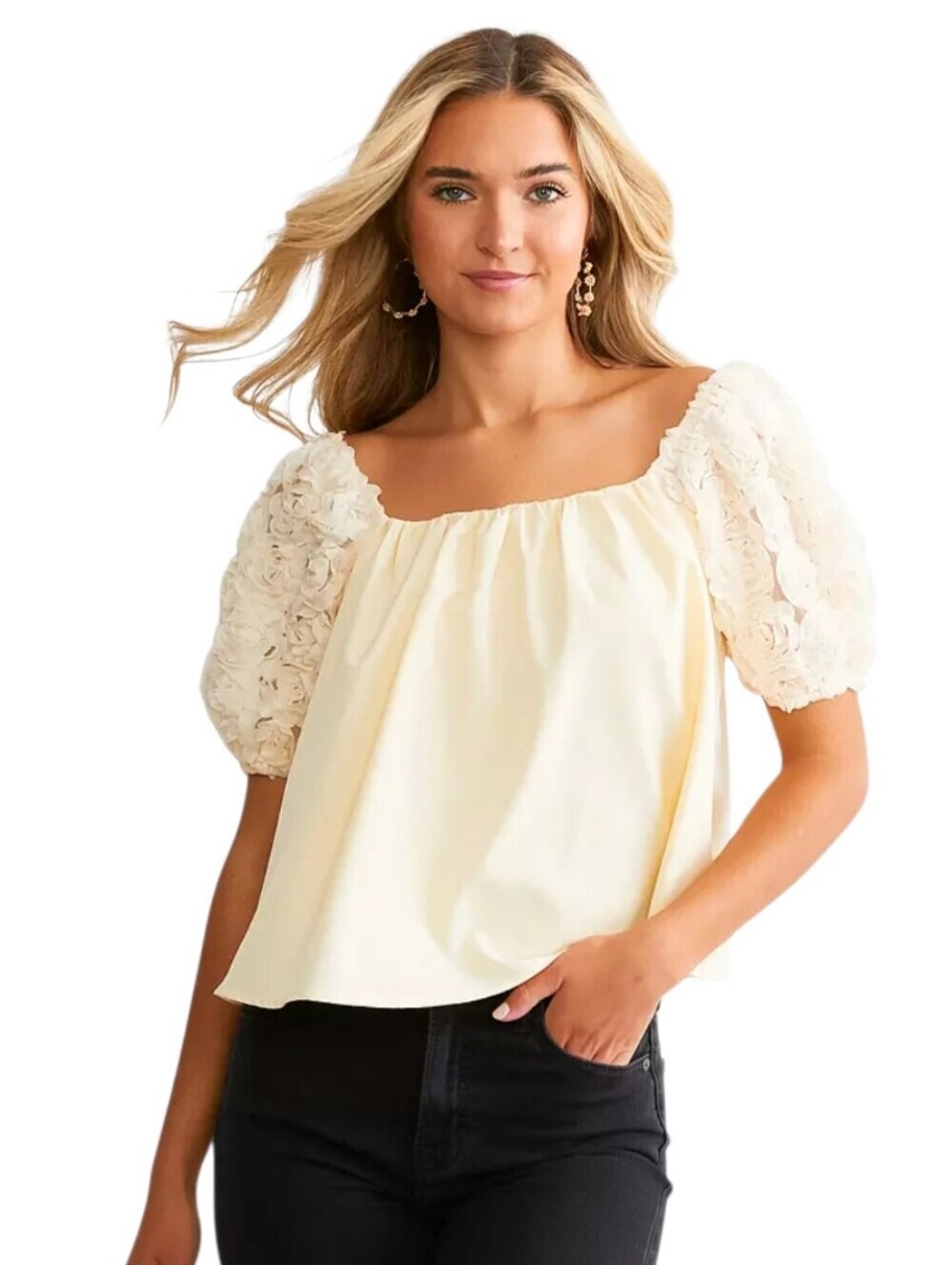 Willow & Root Cream Rosette Puff Short Sleeve Top XL